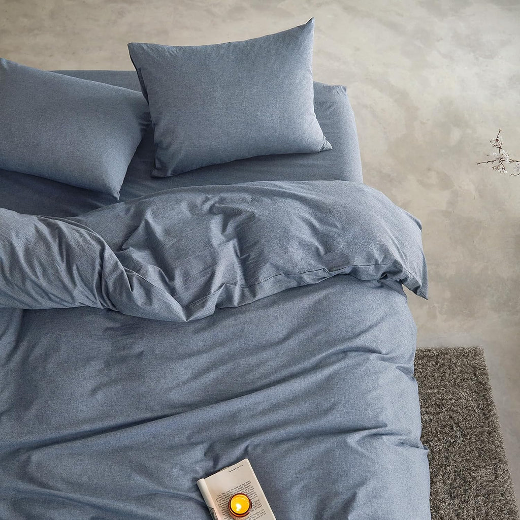 Cotton Duvet Cover Set, 100% Washed Cotton, Linen Like Textured, Breathable Durable Comfy Farmhouse Neutral Bedding