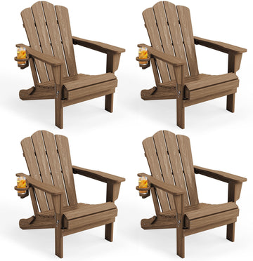 Folding Adirondack Chair Set of 4 with Cup Holder, Brown
