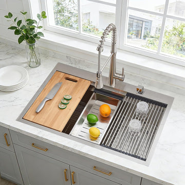 33x22 Inch Drop Sink Workstation, 33 Inch All In One SUS304 Stainless Steel Top Mount Single Bowl Overmount Double