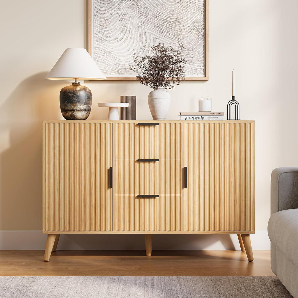47.2" Fluted Sideboard Buffet Cabinet with 3 Drawers, Modern Sideboard Cabinet with Storage, Large Storage Cabinets