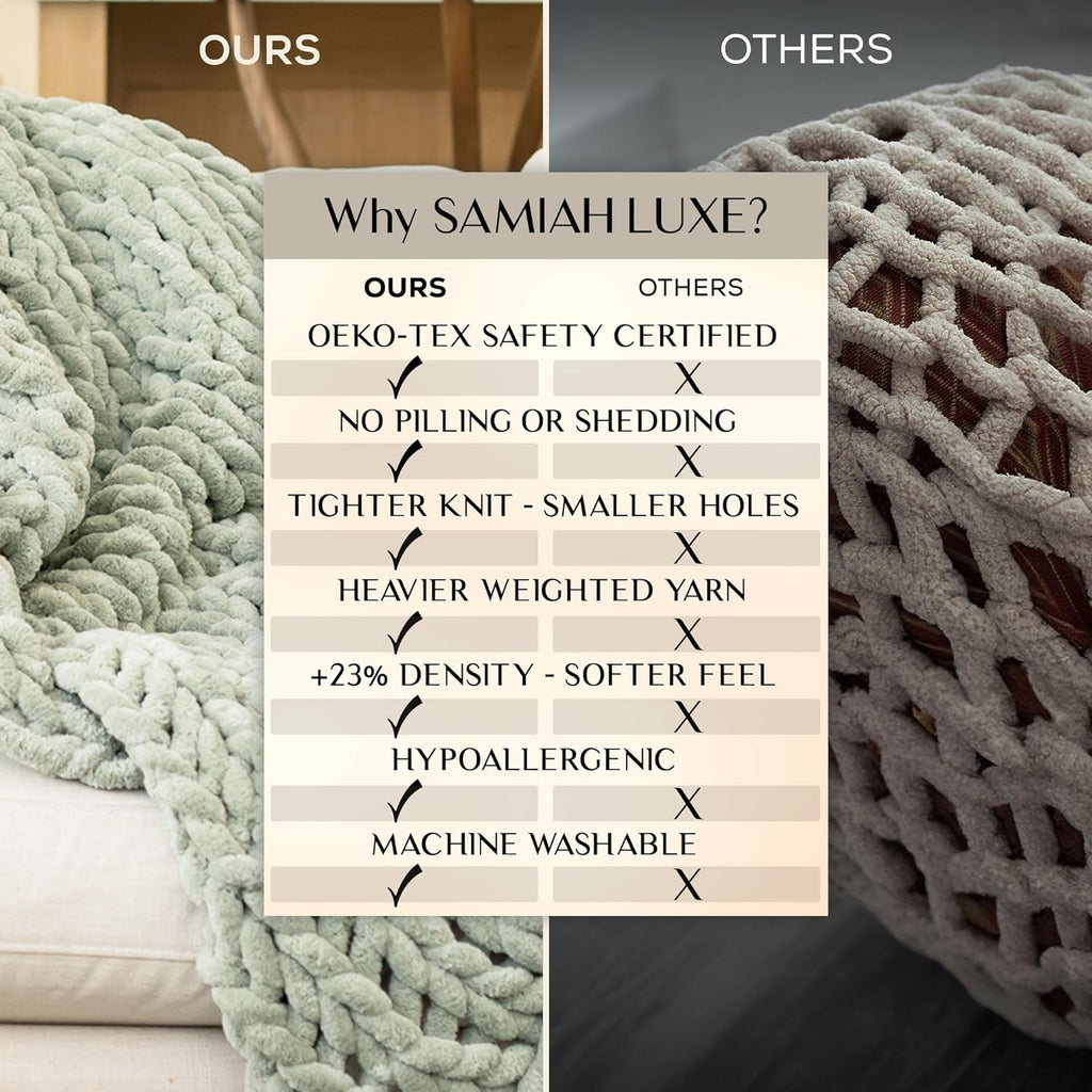 Chunky Knit Throw Blanket 50x60, Sage Green Chenille Throw Blanket, Soft Fluffy Cable Knit Blanket, Oeko-TEX