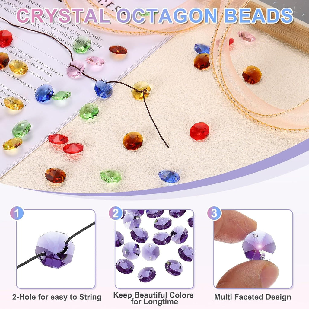 70Pcs 14mm Crystal Octagon Beads, 2-Hole Glass Suncatcher Beads