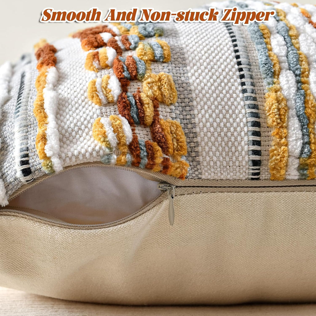 Chenille Striped Textured Boho Throw Pillow Covers Aesthetic with Tassels Woven Decorative Pillow Case