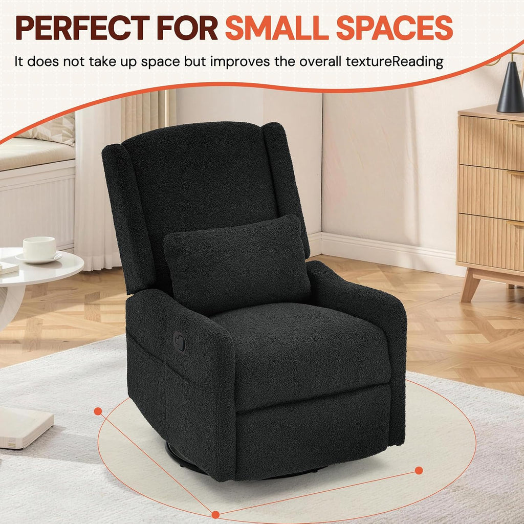 Glider Recliner Rocking Chair, 360° Swivel Boucle Nursery Chair, Comfy Upholstered Recliner,Black
