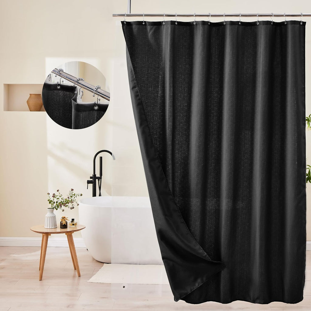 3 in 1 Shower Curtain Set, Black Shower Curtain and Liner Set with 12 Double Sided Shower Curtain Hooks, Cloth Shower