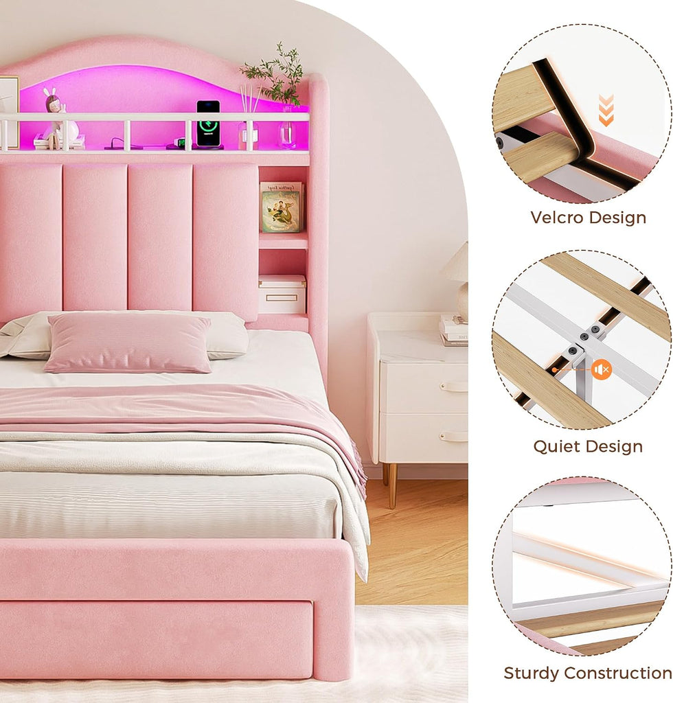 Twin LED Bed Frame with Storage Headboard & 2 Storage Drawers, Princess Velvet Upholstered Bed with Vertical Tufted