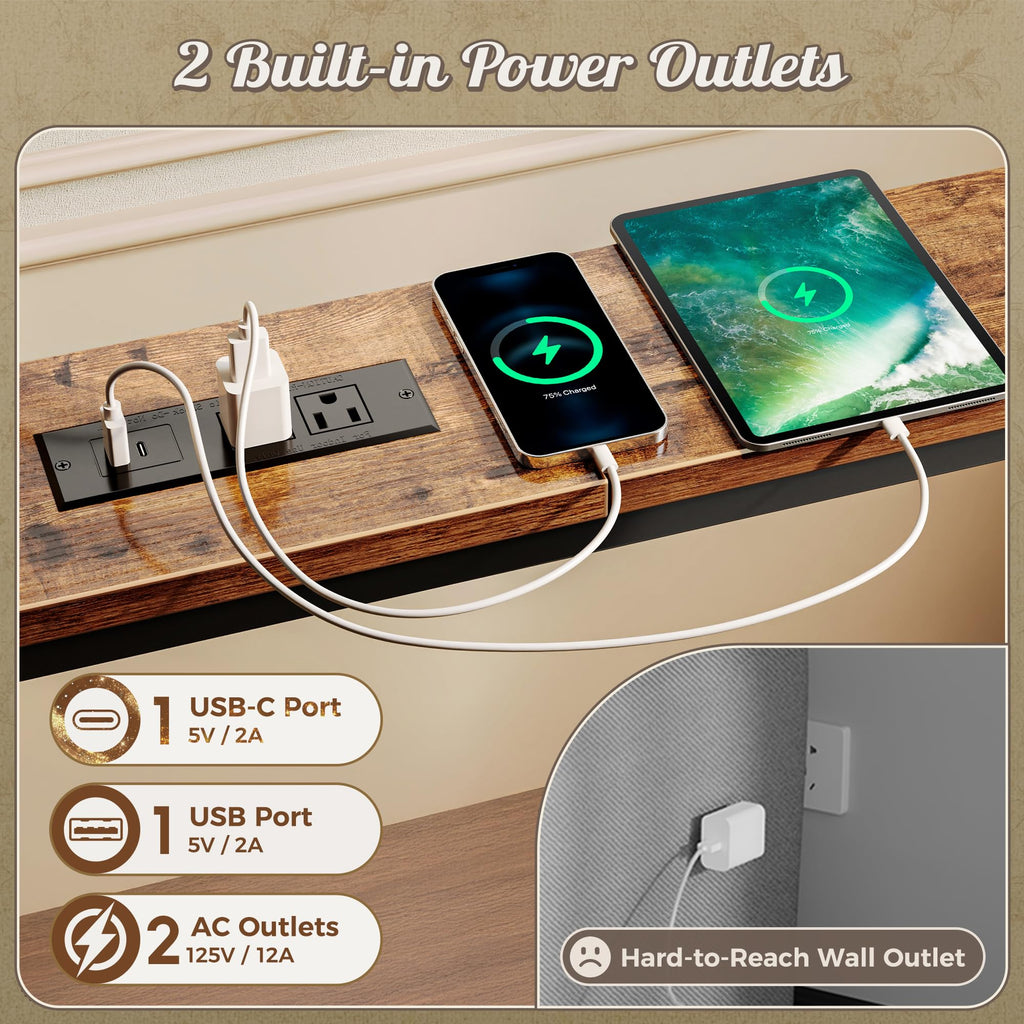 Narrow Console Table with Power Outlets & USB-C, Rustic Brown