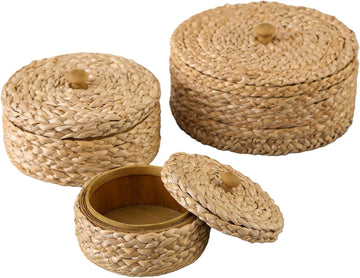 Round Rattan Storage Boxes with Lids Set of 3, Handwoven Wicker Basket, Small Baskets for Shelves, Boho Organizer