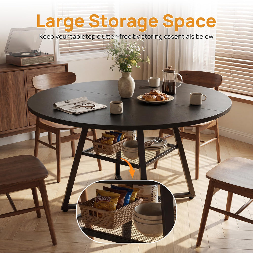 42" Round Dining Table for 4-6, Small Kitchen Table with Storage Shelf, Wood Industrial Circle Table with Pedestal