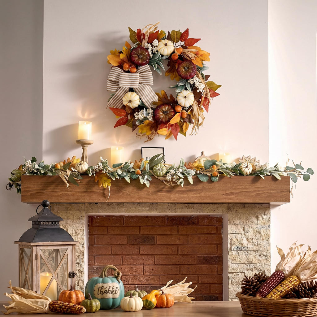 20'' Fall Wreaths for Front Door with LED Lights