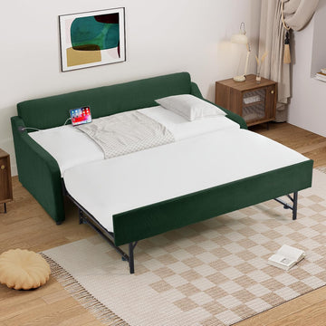 Twin-to-King Daybed with Pop-Up Trundle, USB Port, Corduroy, Green | Twin-to-king daybed with pop-up trundle