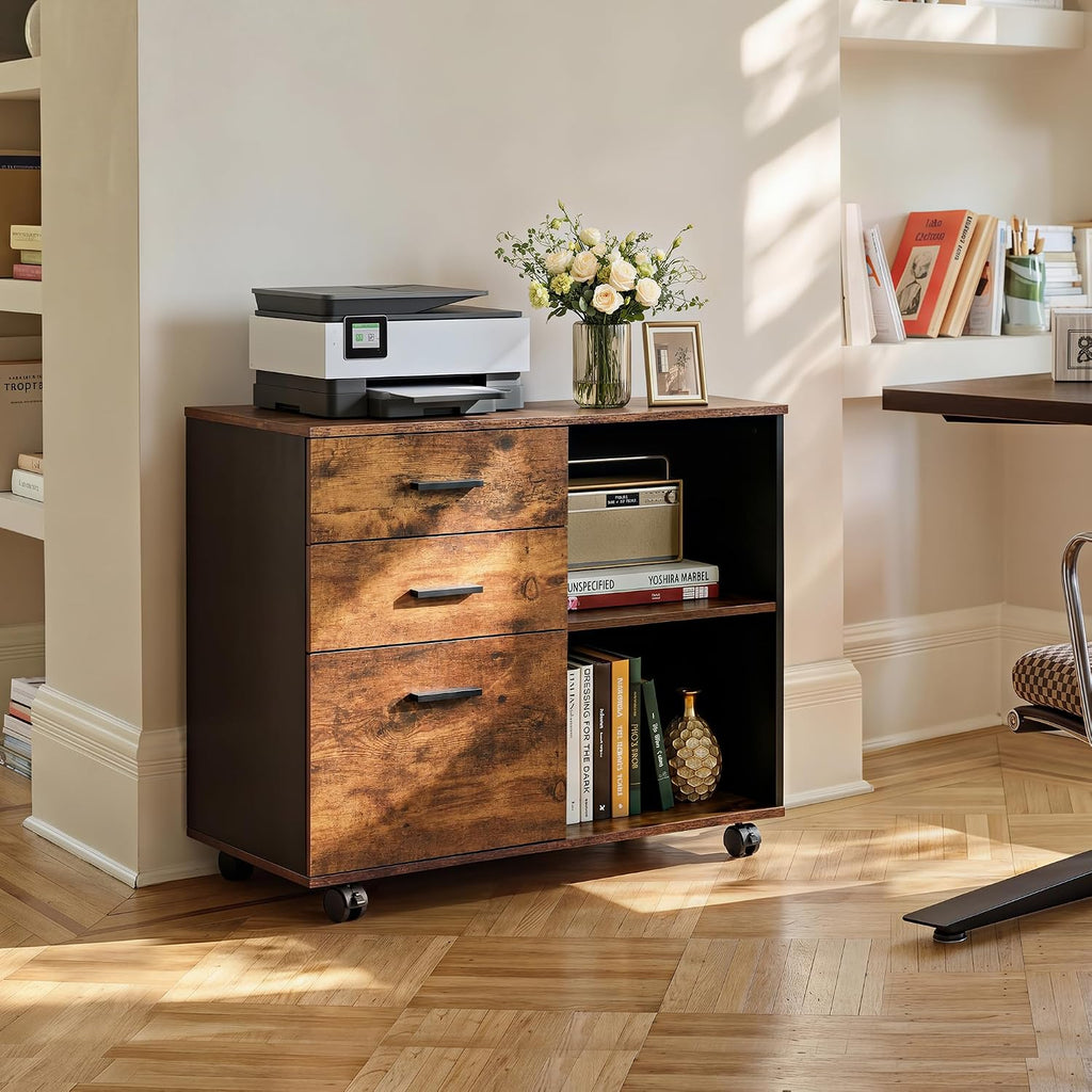 3 Drawer Wood File Cabinet, Rolling Filing Cabinet with Open Storage Shelf, Printer Stand Storage and Organization