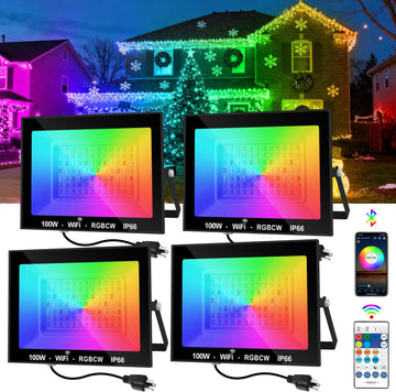 RGB LED Flood Light Outdoor 1000W Equivalent, 100W Bluetooth RGBCW Smart Floodlights 2700K, 16 Million Color