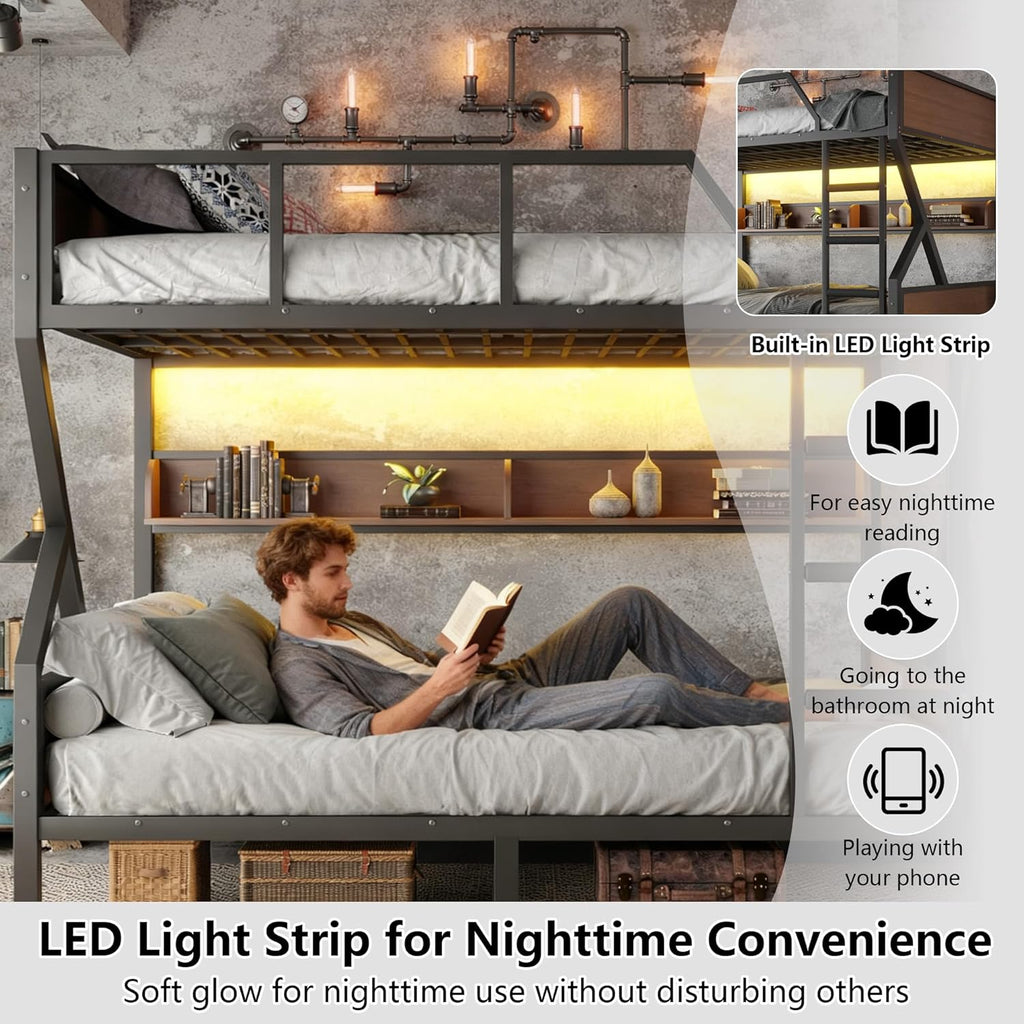 Queen over Queen Bunk Bed with Storage Shelves, Metal Bunk Beds with Ladders and LED Lights