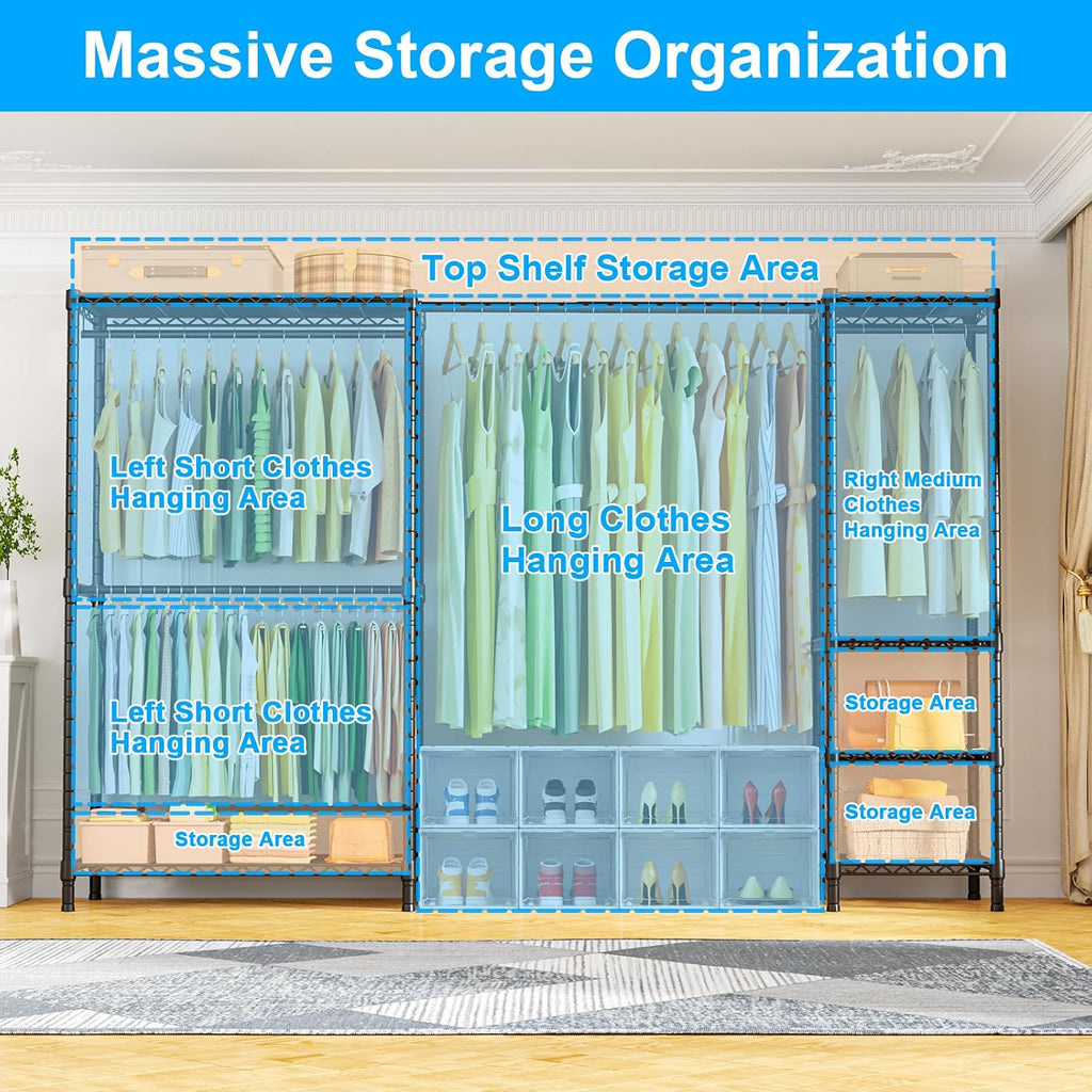 E10 Clothes Rack(With Stretchable Hanger Rod)Freestanding Clothing Racks for Hanging Clothes,Adjustable Closet