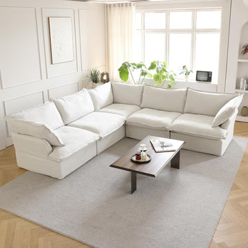 V-Shaped Cloud Sectional Couch, Deep Seats Convertible Sofas, Minimalist Cloud Modular Sofa, Down Fill Soft Sofas for Living Room, Office, Apartment (5 Seats, White)
