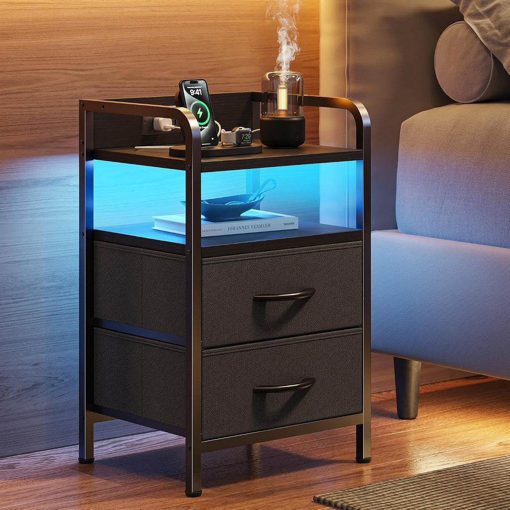 Nightstands Set of 2, Night Stand with LED Lights, Charging Station and USB-C Ports, 2 Drawers Bed Side Table, Open