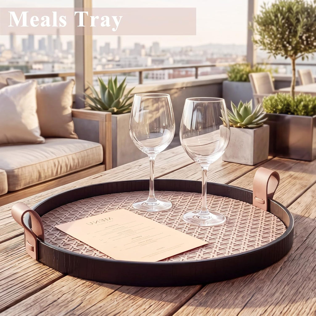 12 Inch Round Ottoman Tray, Woven Leather Serving Platter with Handles, Decorative Tray for Coffee Table Centerpiece
