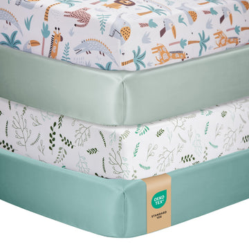 Fitted Baby Crib Sheets, 4 Pack, 52x28 in, Animal Leaf Green