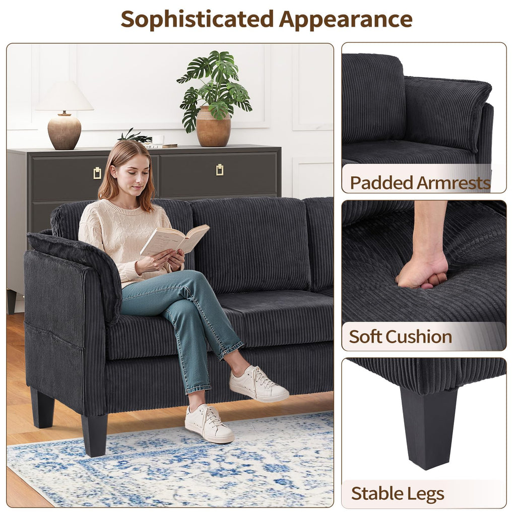 Modern Convertible L Shaped Sofa with Reversible Chaise, 3-Seater Corduroy Couch with Storage Movable Ottoman