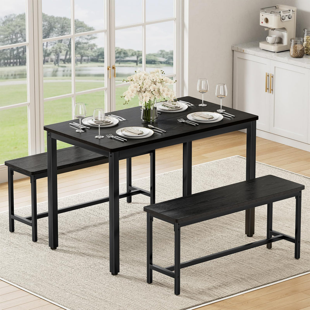 Dining Table Set for 4, 3-Piece Kitchen Table with 2 Benches, Black
