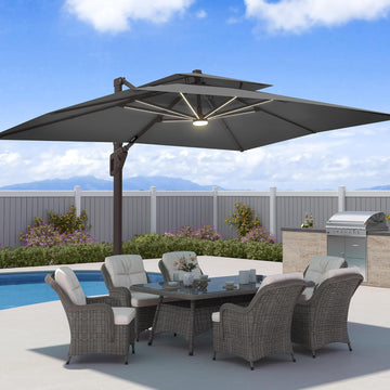 9x12 FT Patio Umbrella with Weighted Base and LED Lights Cantilever Outdoor Large Heavy Duty Rectangle Aluminum Offset