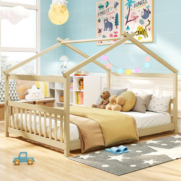 Full Size Floor Bed, Solid Wood Montessori House Bed with Roof, Headboard and Footboard, Low Full Bed Frame for Kids