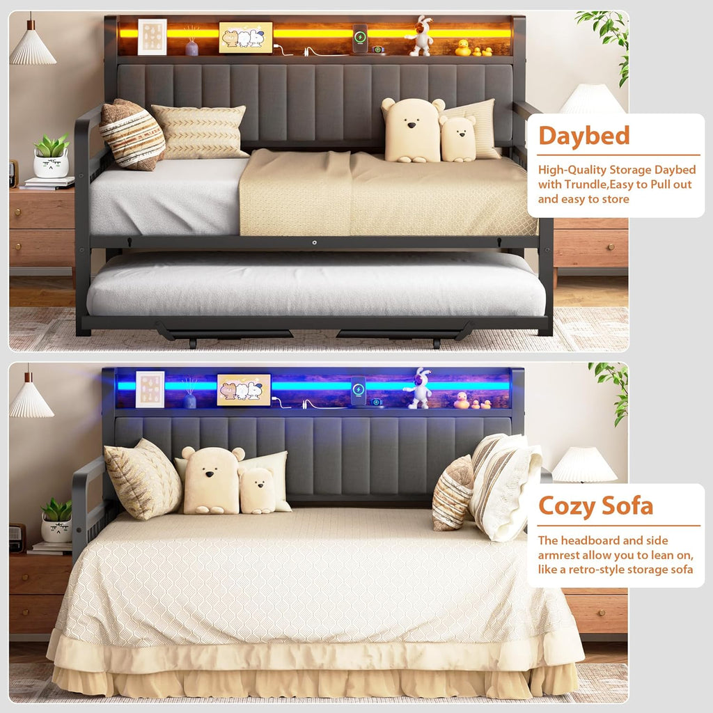 Daybed with Trundle and LED Light, Heavy Duty Metal Full Bed Frame with Upholstered Storage Headboard & Charging