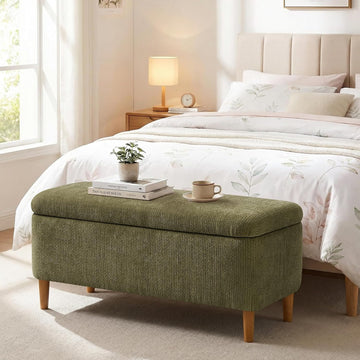 39.4" Ottoman with Storage Upholstered Storage Bench | Modern Fabric End of Bed Bench Footstool with Wooden Legs