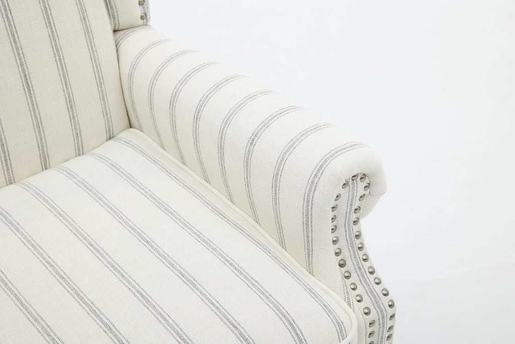 Striped Wingback Accent Chair with Wood Legs, Upholstered Armchair | Striped wingback accent chair with foam