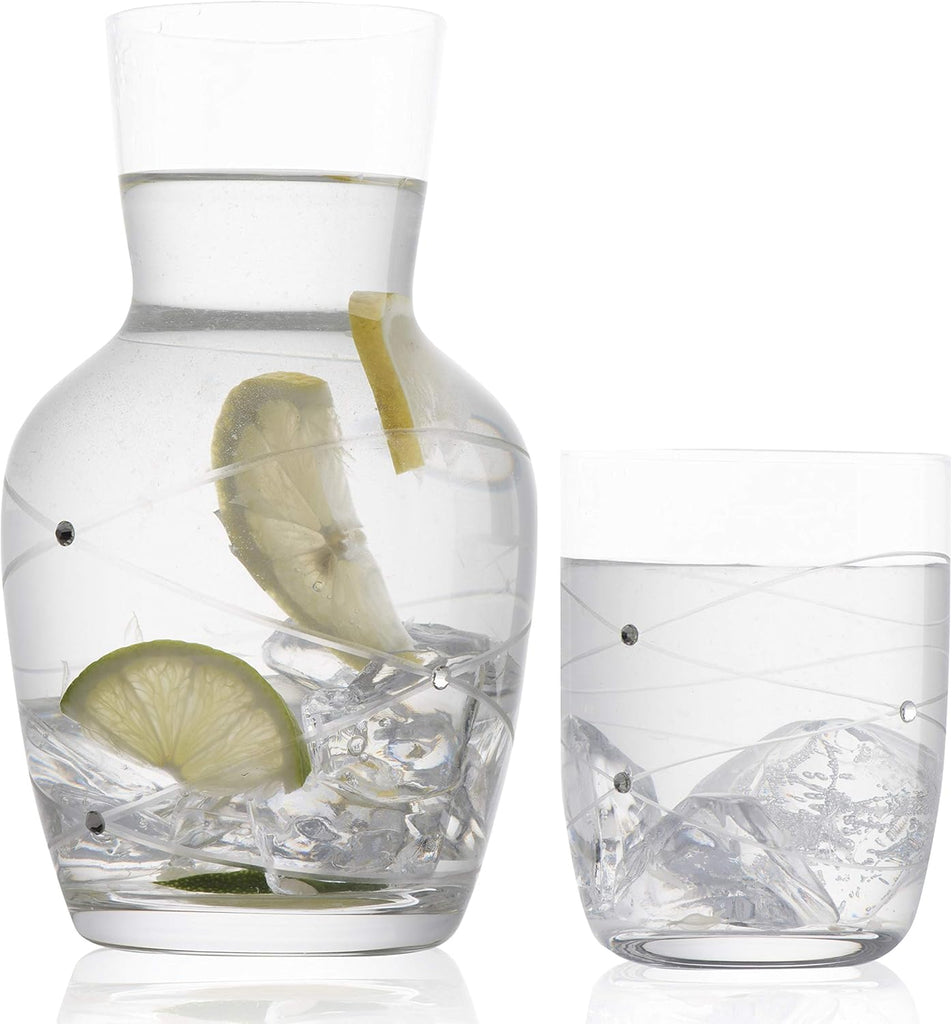 Calici Nightstand Water Carafe With Tumbler - Etched Swirl Design With Stones - 2 Piece Water Set Pitcher And Cup