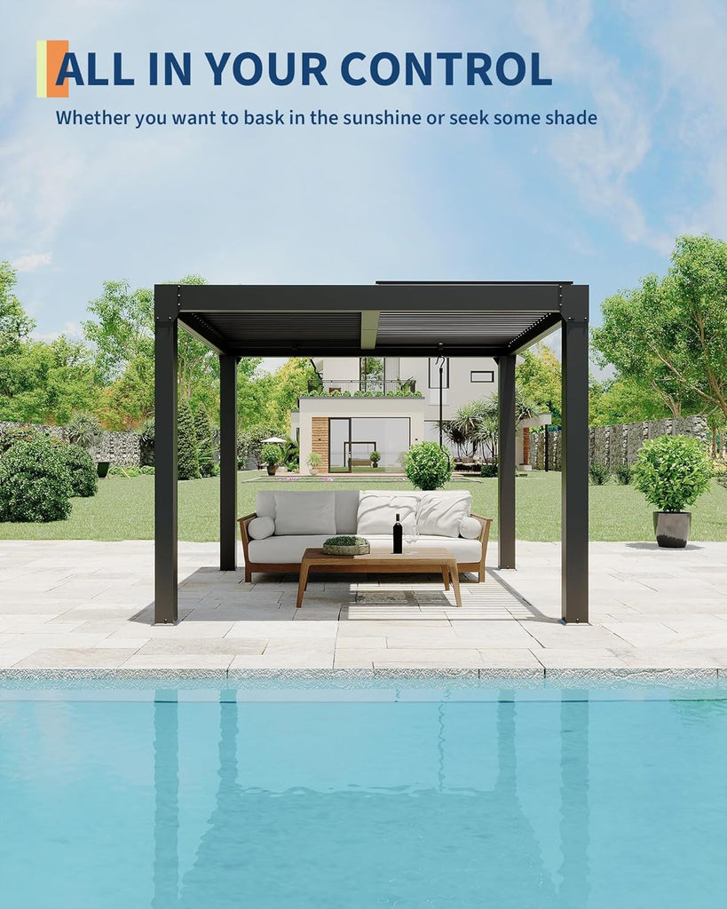 10x10 FT Louvered Pergola, Outdoor Aluminum Pergola with Adjustable Roof & Integrated Drainage System