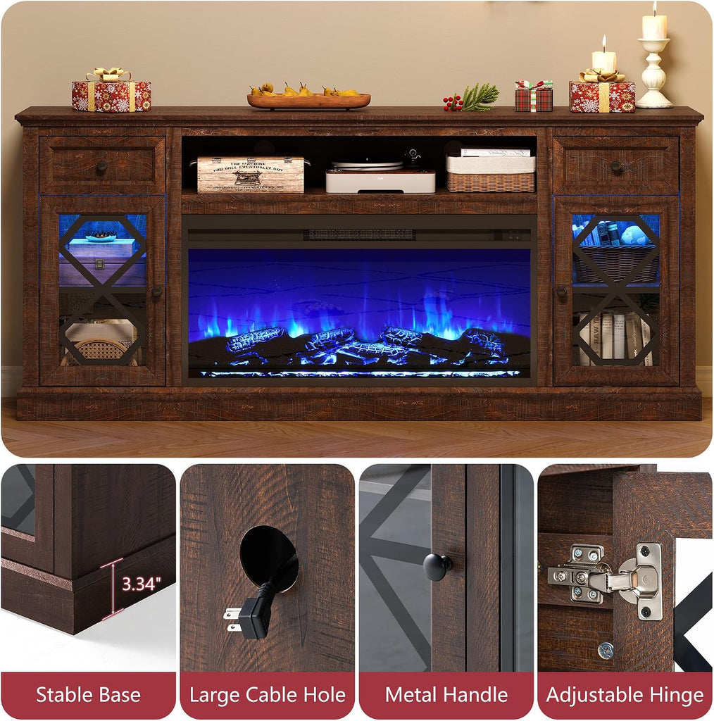 Farmhouse 70" Fireplace TV Stand with 37" Electric Fireplace, Large LED Entertainment Center with Storage for 80"