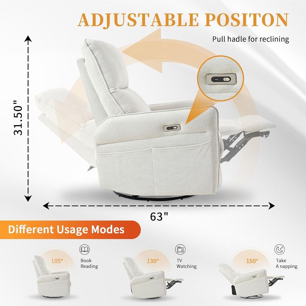 Power Swivel Rocker Recliner Chair, Upholstered Snowflake Velvet 270°Swivel Glider Rocker Chair with USB Ports