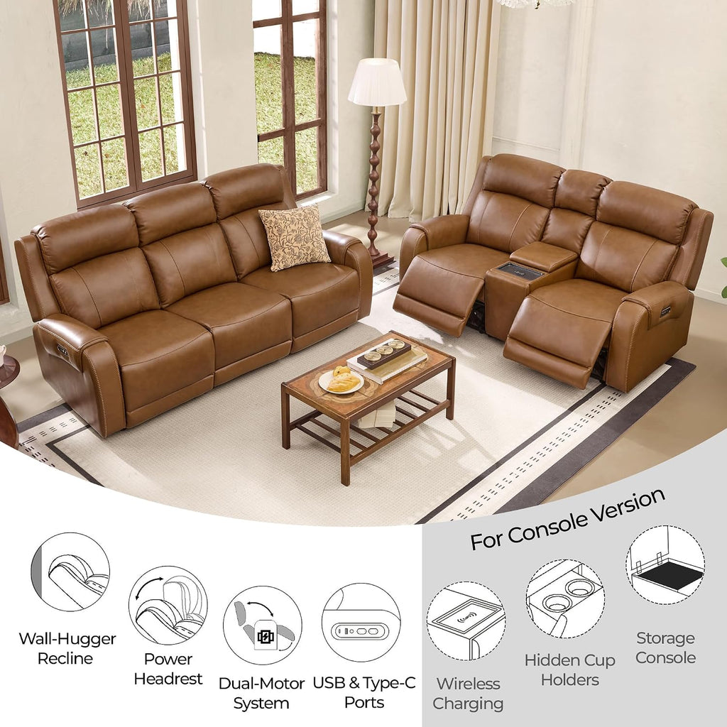 Genuine Leather Power Recliner Sofa, Wall Hugger Reclining Loveseat with Power Headrest, Dual Motor, USB Charging