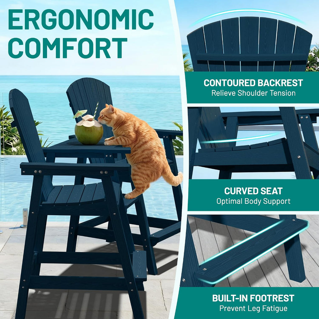 Tall Adirondack Chairs Set of 2 with Double Connecting Trays, Navy | HDPE Bar Height Outdoor Chairs with Umbrella