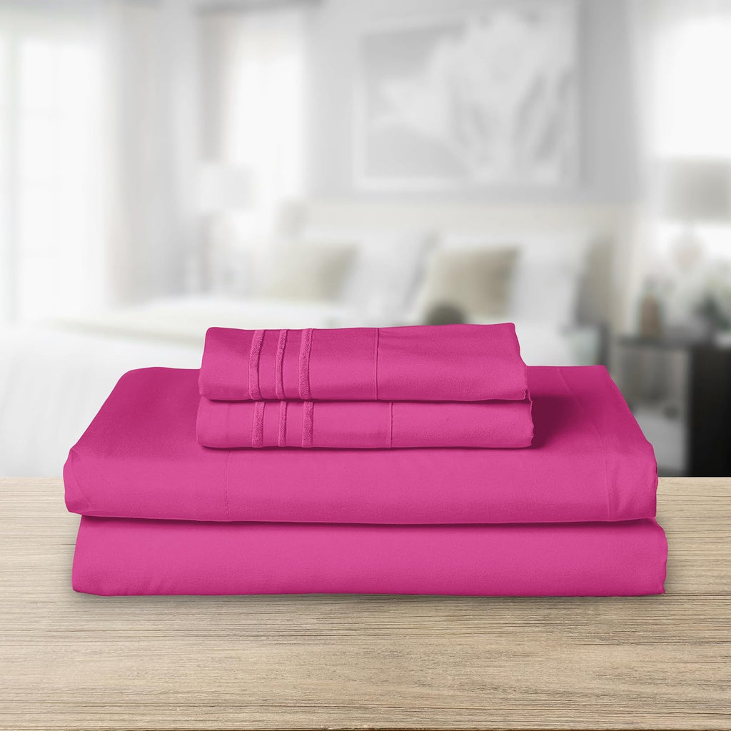 Luxurious 1500 Premium Hotel Quality Microfiber Three Line Embroidered Softest 4-Piece Bed Sheet Set, Wrinkle and