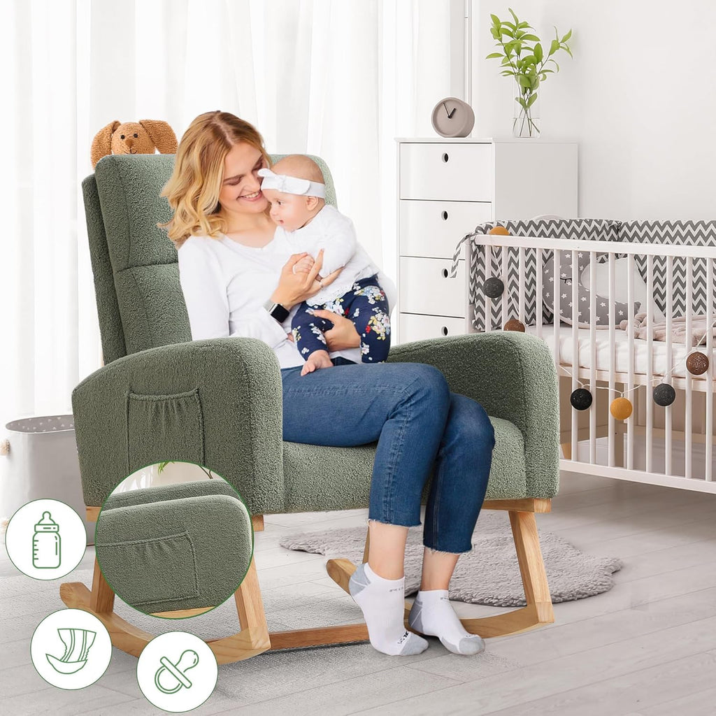 Rocking Chair Nursery, Boucle Teddy Nursing Rocking Chairs, Upholstered Nursery Glider Rocker for Mom Nursery Morden