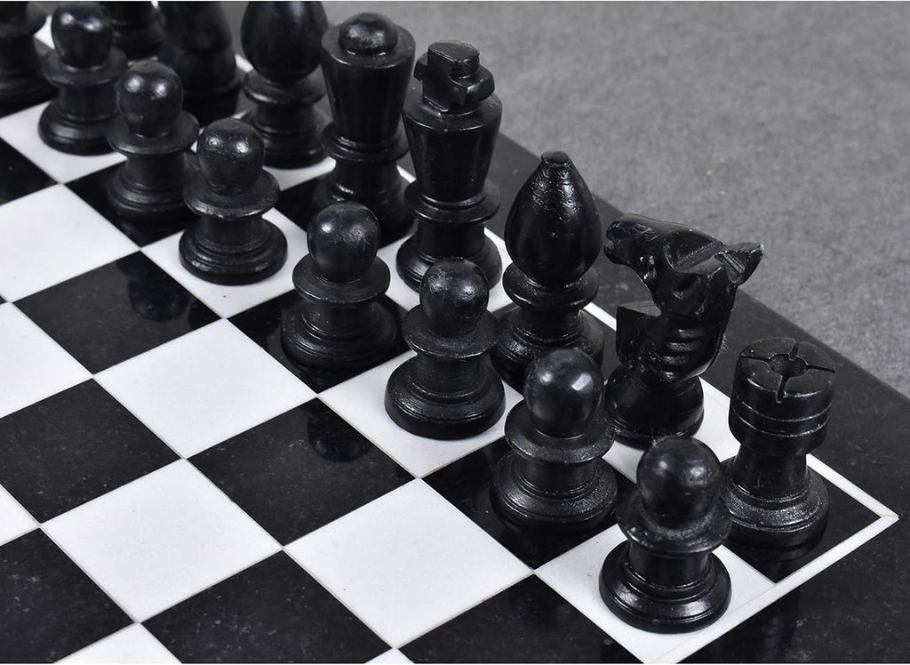 Marble Stone Chess Pieces & Board Set -Black and White - 12" - Minimalist Gift