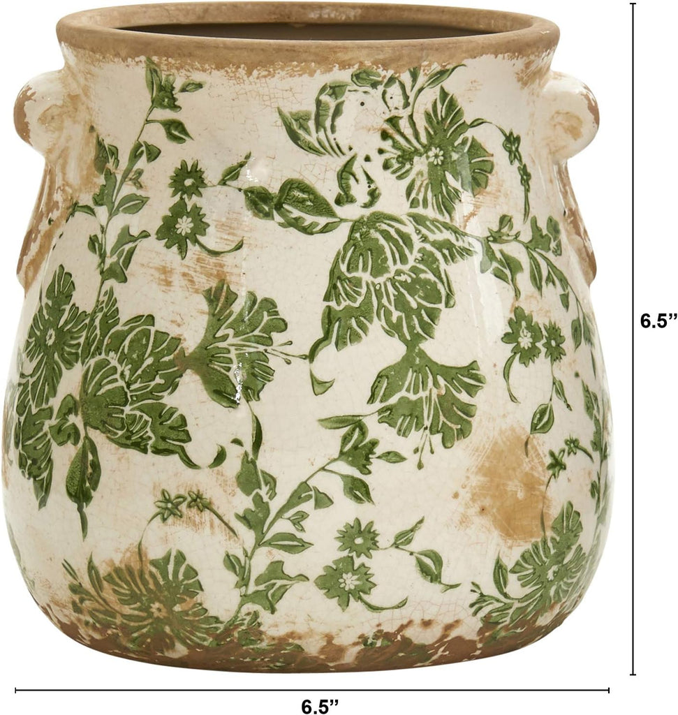6.5in Ceramic Decorative Vase Tuscan Style Green Floral Scroll Design