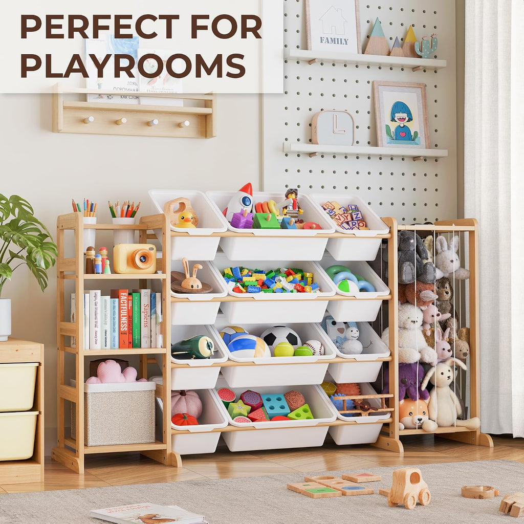Toy Storage Organizer with Bookshelf and Stuffed Animal Storage - Kids Playroom Organization with Shelves and 12 Toy