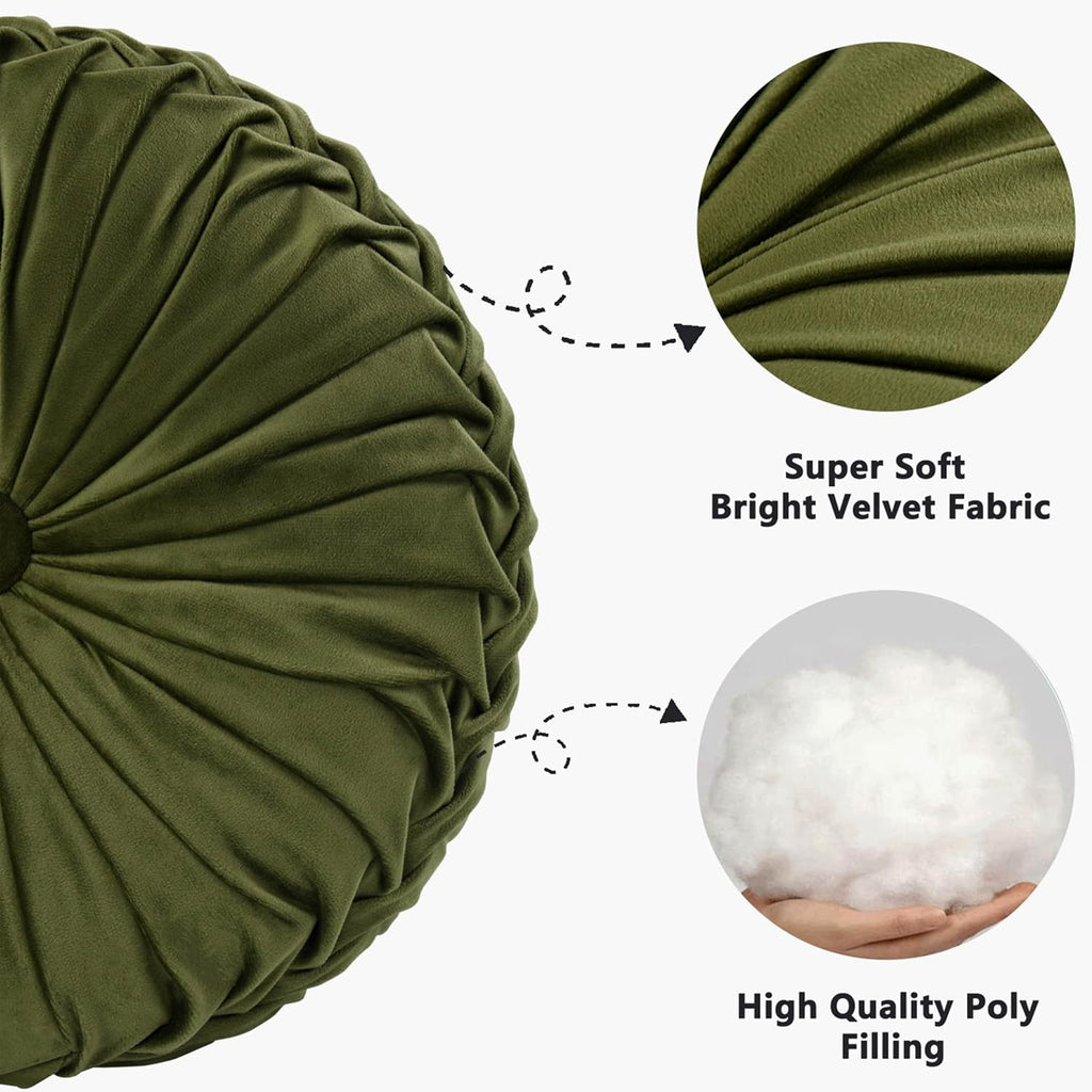 Set of 2 Decorative Round Pleated Throw Pillows, Classy Accent Pumpkin Throw Pillows with Center Button, Vintage