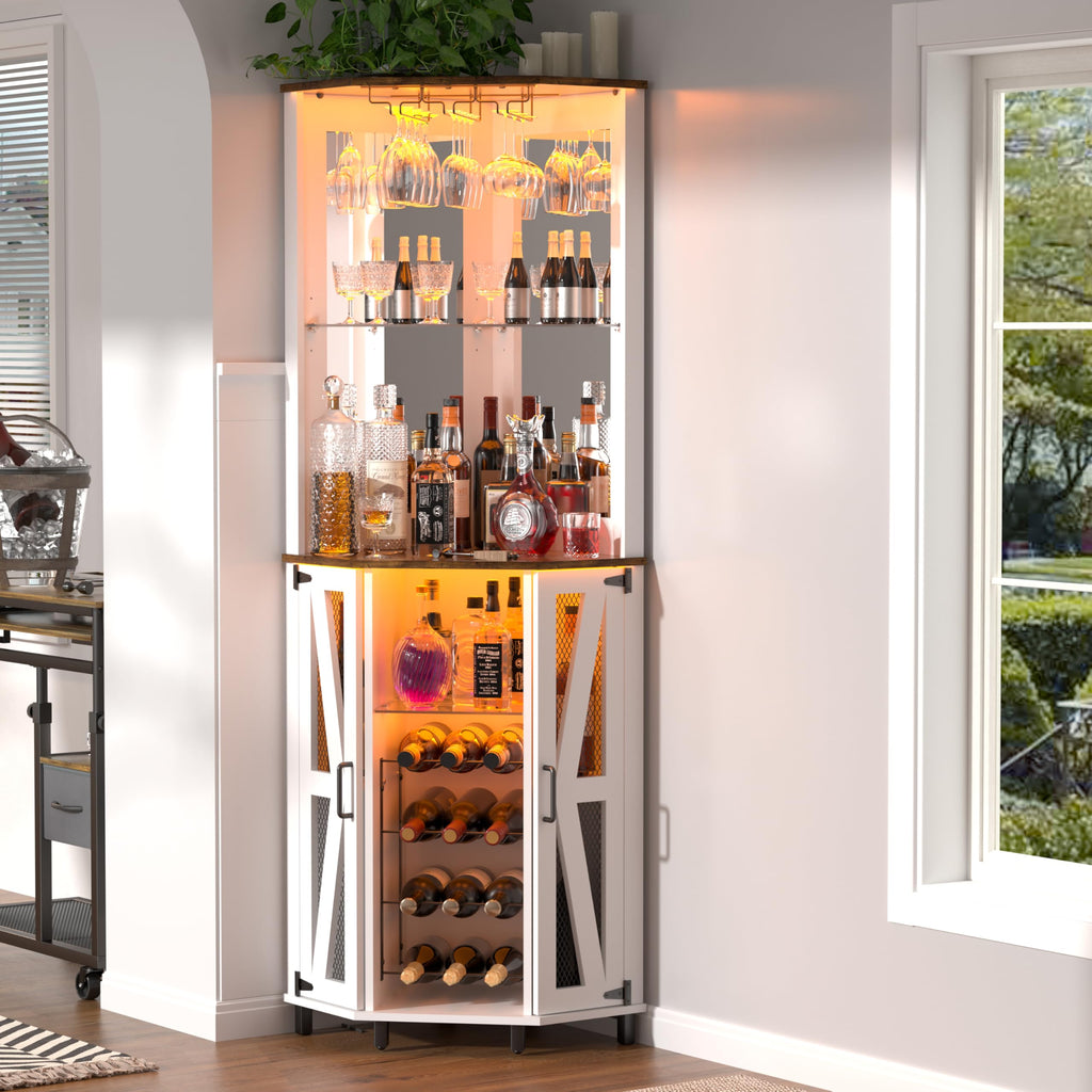 68.9" Tall Corner Bar Cabinet, Wine Bar with LED Light and Mirror