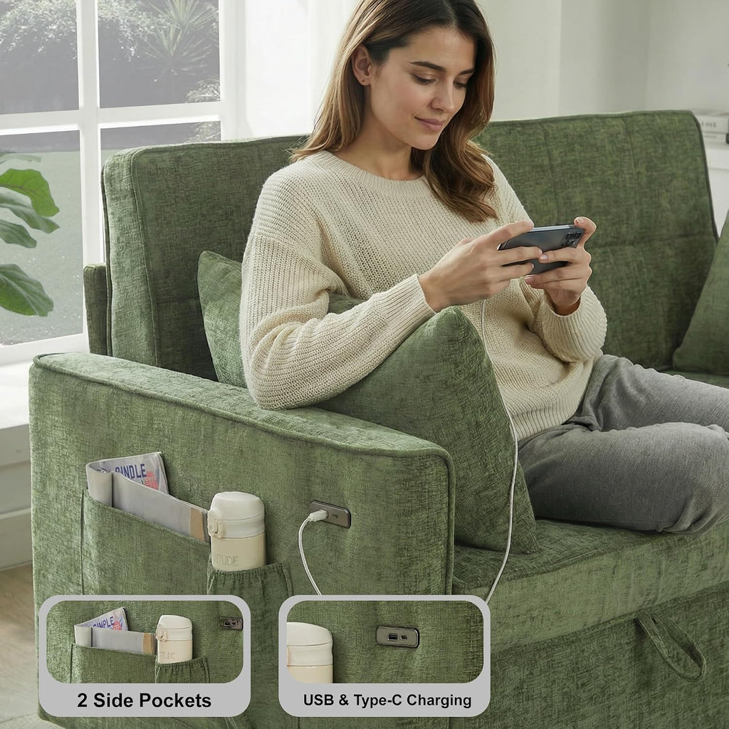 57" Chenille Convertible Sofa Bed, Full Size Loveseat Sleeper Sofa with USB & Type-C Port, Adjustable Backrest