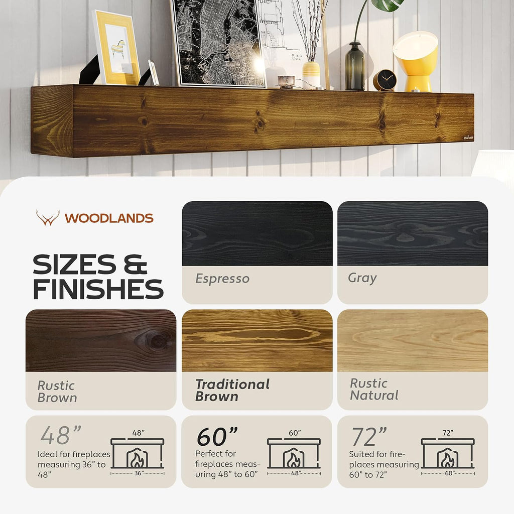 Handcrafted 60" Floating Shelf, Traditional Brown Wood Mantel for Over Fireplace, Farmhouse Wall Mounted