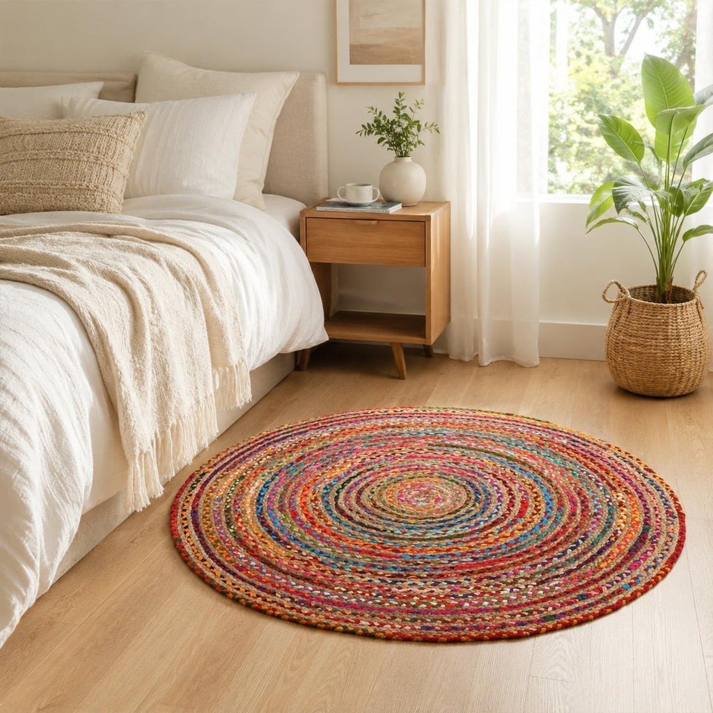 Jute Cotton Area Rug 5ft Round Natural Handwoven Colorful Boho Rug | Jute & Cotton Chindi Braided Rag Rug Multi