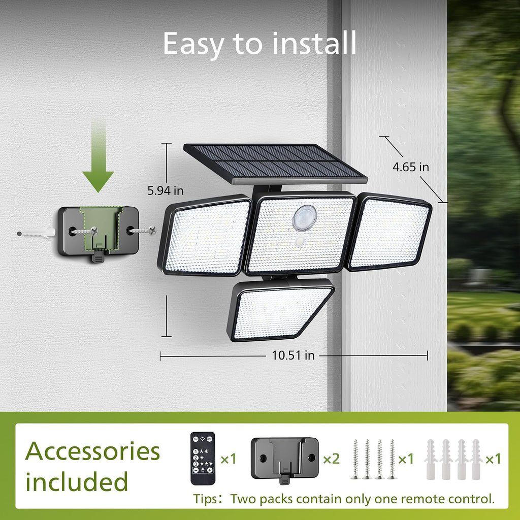 Solar Security Light Outdoor, 196 LED Wall-Mounted Flood Light w/PIR Motion Sensor, 3 Modes, 4 Adjustable Heads