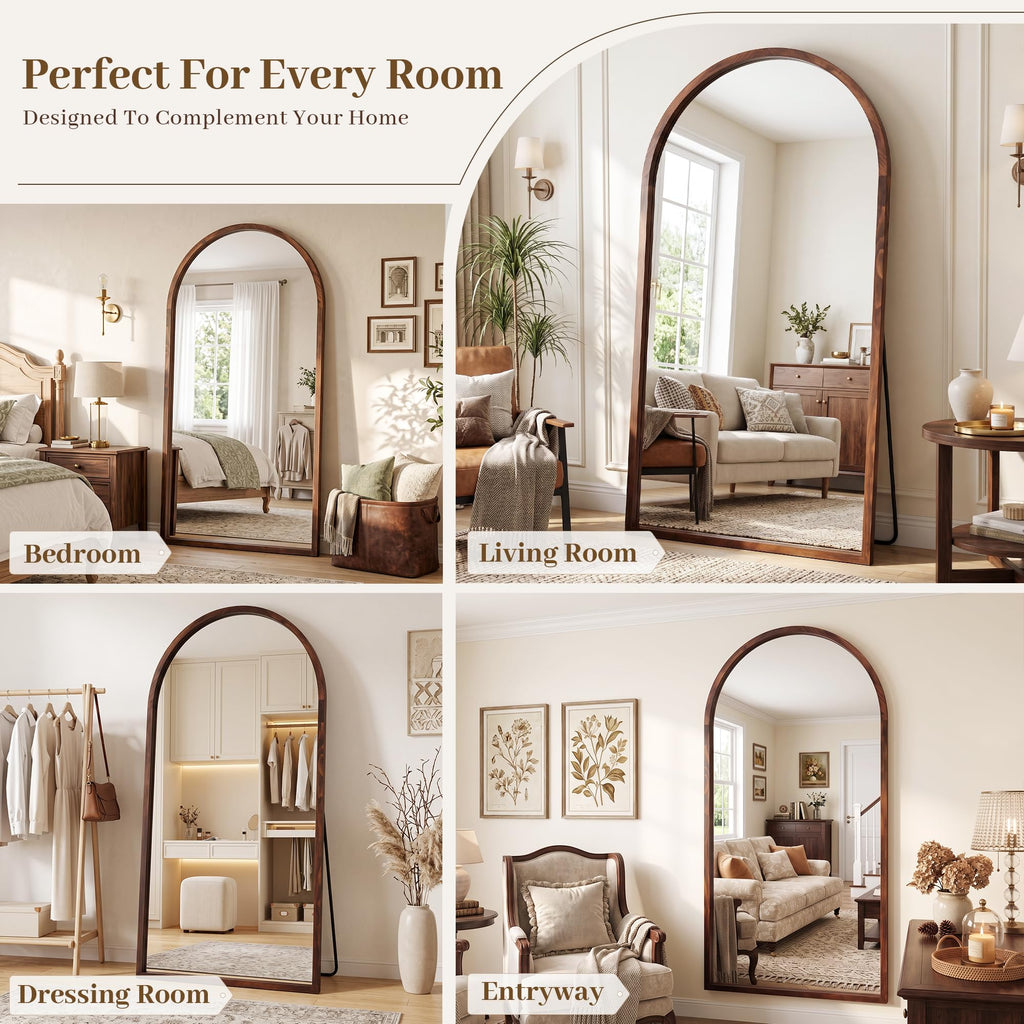 76"x41" Arched Full Length Mirror with Slim Solid Wood Frame, Walnut