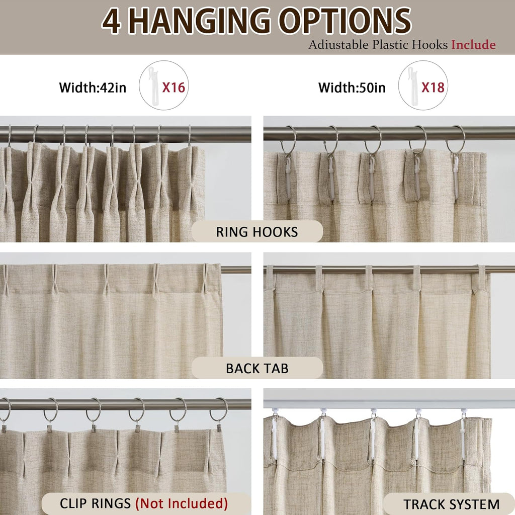 Beige Sheer Pinch Pleated Curtains 96 Inches Long 2 Panels,Back Tab Pleated Drapes Hooks Thick Linen Textured Boho