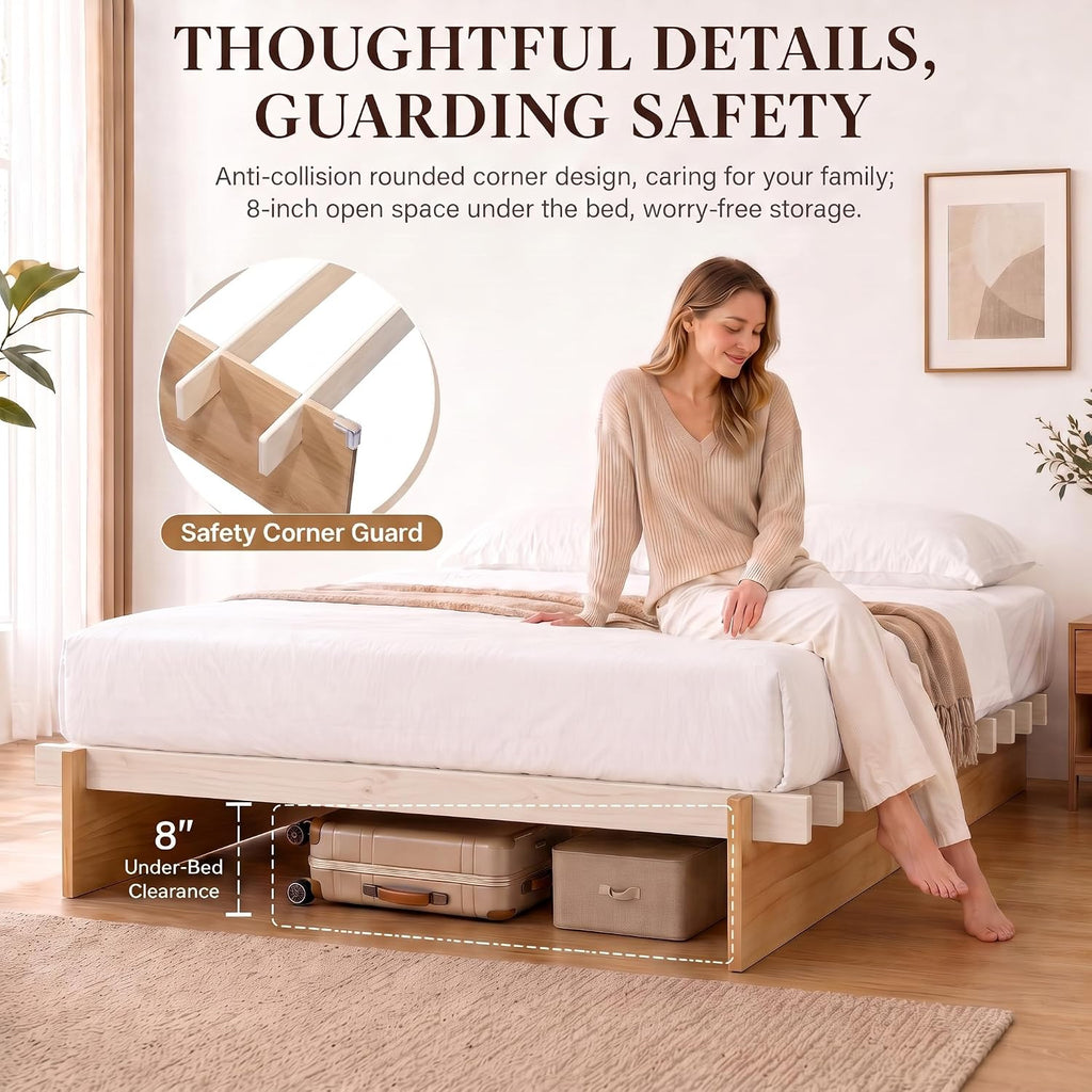 Queen 100% Solid Wood Platform Bed Frame, No Tools Japanese Joinery Wood Bed Frame with Wooden Slat, 8" Under‑Bed